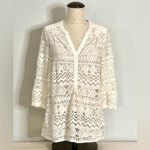 Anthropologie Embroidered Tulle Tunic By Vanessa Virginia, Ivory Top size 2 - Picture 3 of 15